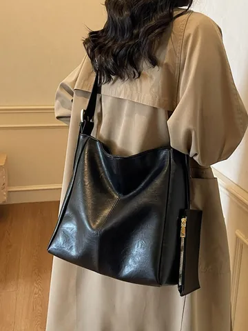 Borsa Tote da Donna Vintage di Grande Capacità in Morbida Pelle PU Con Piccola Pochette Borsa a Spalla Hobo Casual Lavoro