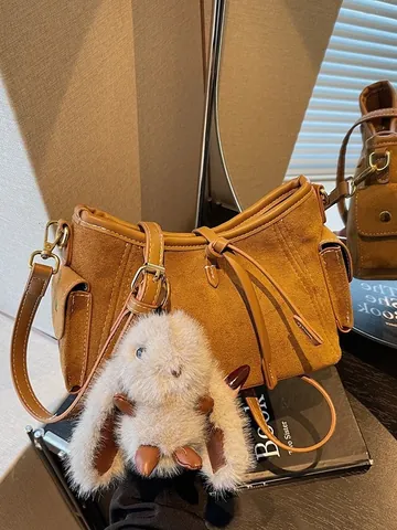 Vintage Suede Underarm Bag For Women Minimalist Contrast Stitching Shoulder Bag Daily Office Purse With Rabbit Charm