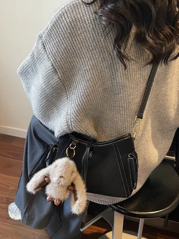 Vintage Suede Underarm Bag For Women Minimalist Contrast Stitching Shoulder Bag Daily Office Purse With Rabbit Charm