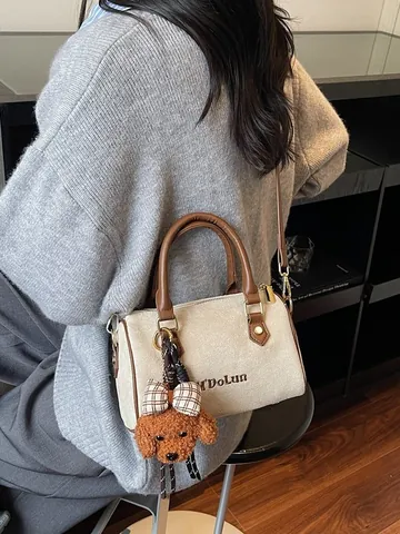 Women Suede Fabric Boston Handbag Vintage Solid Color Shoulder Crossbody Bag With Removable Plush Dog Pendant Korean Fashion