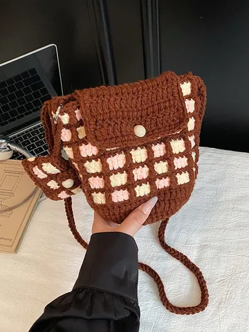 Handmade Crochet Checkerboard Small Square Bag For Women Knit Yarn Crossbody Shoulder Phone Bag With Mini Pouch Charm