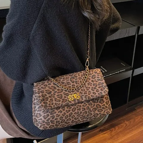 Borsa Baguette Vintage in Similpelle Scamosciata PU per Donna Stampa Leopardata Catena a Sfera d'Oro Borsa a Spalla Minimalista Pendolare