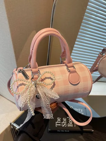 Women Mini Cylinder Bowling Bag Gingham Plaid PU Leather Lace Bow Pearl Crossbody Shoulder Handbag Stylish Fashion Bag