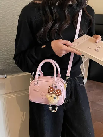Niche Retro Mode PU Leer Mini Vierkante Handtas Voor Dames Koreaanse Stijl Casual Glanzend Schouder Crossbodytas Met Pluche Bedeltje