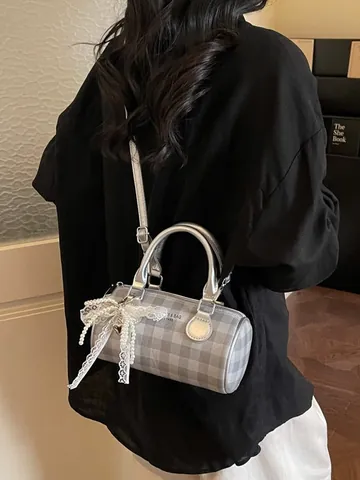 Women Mini Cylinder Bowling Bag Gingham Plaid PU Leather Lace Bow Pearl Crossbody Shoulder Handbag Stylish Fashion Bag