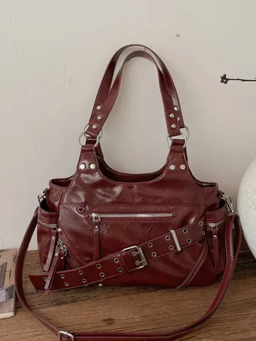 Retro PU Leather Tote Bag For Women Large Capacity Vintage Rivet Zipper Shoulder Bag Commuting Hobo Bag