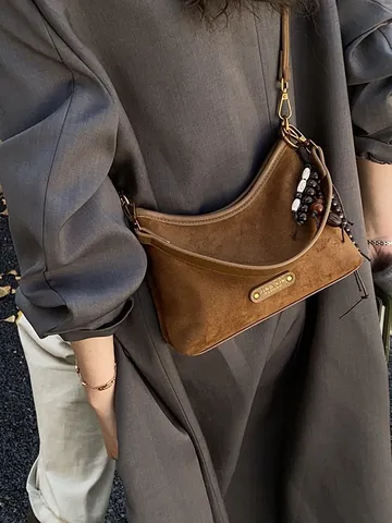 Vintage Suede PU Leather Hobo Bag Women Small Dumpling Shoulder Crossbody Bag With Beaded Tassel Charm Urban Commuter Handbag