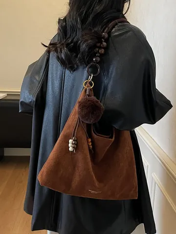 Women Retro Faux Suede Tote Bag Large Capacity Hobo Shoulder Bag With Wooden Beads Handle And Plush Ball Charm Daily Commuting Bag