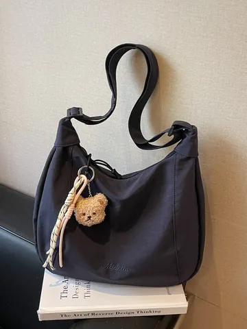 Women Large Capacity Canvas Crossbody Bag Simple Urban Commute Shoulder Tote Bag With Teddy Bear Pendant For College Students
