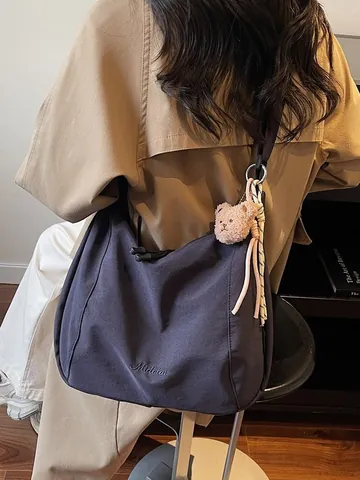 Women Large Capacity Canvas Crossbody Bag Simple Urban Commute Shoulder Tote Bag With Teddy Bear Pendant For College Students