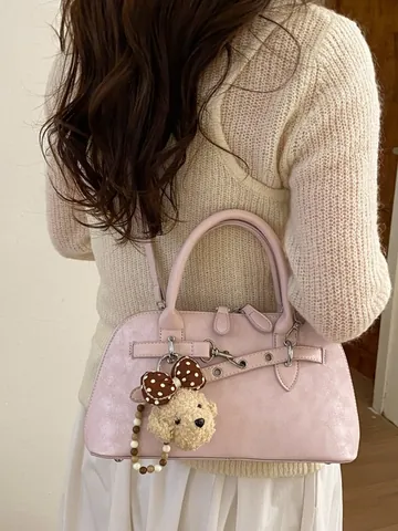 Sac à Main Coquille Vintage en Cuir PU pour Femmes Sac Bandoulière Dépoli Avec Pendentif Ours en Peluche Sac Rétro