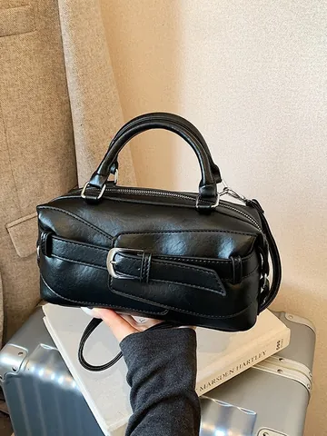 Women Korean Style PU Leather Boston Bag Retro Baguette Shoulder Bag With Plush Dog Charm Belt Buckle Crossbody Handbag