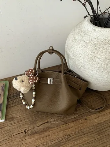 Women's PU Leather Lychee Pattern Bucket Bag With Plush Bear Pendant Elegant Crossbody Shoulder Bag For Daily Commute