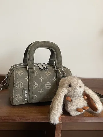 Vintage Embossed PU Leather Boston Bag Women Mini Cylindrical Handbag With Plush Rabbit Pendant Shoulder Crossbody Bag