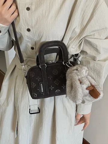 Vintage Embossed PU Leather Boston Bag Women Mini Cylindrical Handbag With Plush Rabbit Pendant Shoulder Crossbody Bag