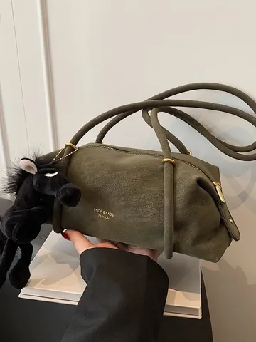Women Vintage Faux Suede Underarm Bag Minimalist PU Leather Shoulder Bag With Horse Plush Charm Retro Commuter Tote Bag