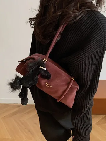 Women Vintage Faux Suede Underarm Bag Minimalist PU Leather Shoulder Bag With Horse Plush Charm Retro Commuter Tote Bag