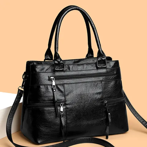 Large Capacity Women PU Leather Tote Bag Soft Texture Multi Zipper Pocket Shoulder Crossbody Bag Commuter Handbag