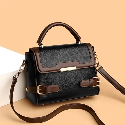 Bolso de Mano de Moda para Mujer en Cuero PU con Patrón de Lichi Color de Contraste Bolso Cuadrado Pequeño Herrajes Dorados Bandolera