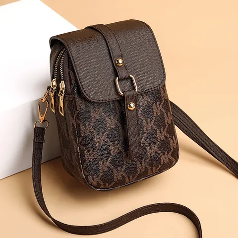 Vintage Monogram Women's Phone Crossbody Bag Double Zipper Flap Small Square Shoulder Bag With External Headphone Jack