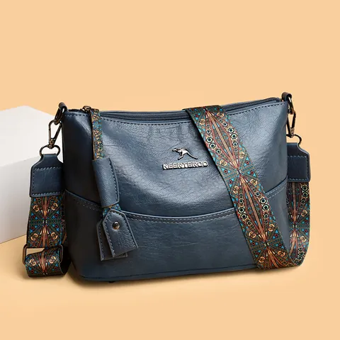 Women's Vintage PU Leather Crossbody Bag Large Capacity Soft Shoulder Bag With Ethnic Style Wide Strap Fashion Commuter Handbag