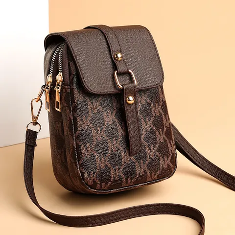 Vintage Monogram Women's Phone Crossbody Bag Double Zipper Flap Small Square Shoulder Bag With External Headphone Jack