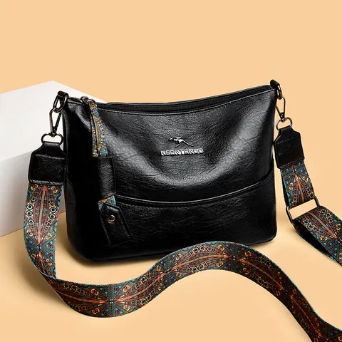 Women's Vintage PU Leather Crossbody Bag Large Capacity Soft Shoulder Bag With Ethnic Style Wide Strap Fashion Commuter Handbag