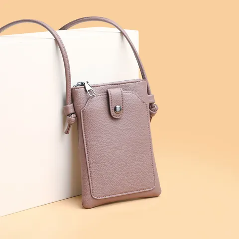 Sac Bandoulière Minimaliste en Cuir PU pour Téléphone Portable Femme Grain de Litchi Petit Sac À Épaule Avec Poche Avant À Pression Et Poche Arrière Zippée