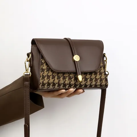Vintage Houndstooth Patchwork PU Leather Crossbody Bag For Women Gold Hardware Flap Small Square Shoulder Bag Daily Handbag