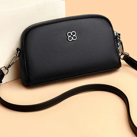Women Fashion Mini Crossbody Bag Pebbled PU Leather Shoulder Bag Double Zipper Compartments Four Leaf Clover Decor Camera Bag