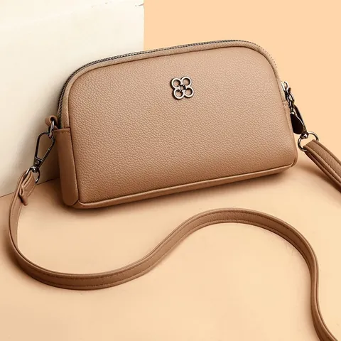 Women Fashion Mini Crossbody Bag Pebbled PU Leather Shoulder Bag Double Zipper Compartments Four Leaf Clover Decor Camera Bag