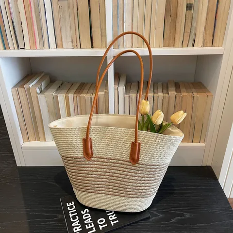 Women Large Capacity Straw Woven Tote Bag Striped Summer Beach Shoulder Bag With Leather Handle Casual Vacation Handbag