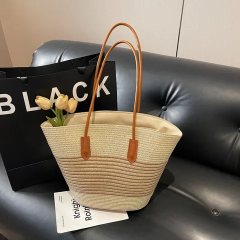 Women Large Capacity Straw Woven Tote Bag Striped Summer Beach Shoulder Bag With Leather Handle Casual Vacation Handbag