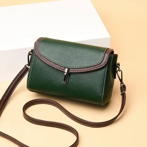 Vintage Lychee Pattern PU Leather Crossbody Bag For Women Contrast Stitching Square Shoulder Bag Metal Lock Daily Handbag