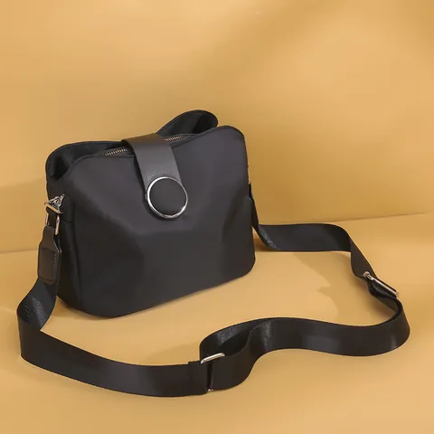 Women Fashion Nylon Bucket Crossbody Bag Korean Style Shoulder Bag With Metal Ring Detail Lightweight Daily Casual Handbag