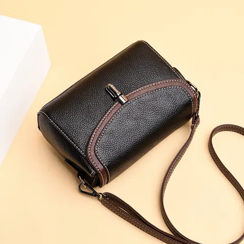 Vintage Lychee Pattern PU Leather Crossbody Bag For Women Contrast Stitching Square Shoulder Bag Metal Lock Daily Handbag