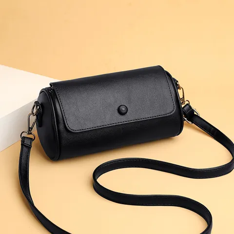 Bolso de Bandolera Cilíndrico Minimalista para Mujer Color Sólido Cuero PU Solapa Pequeño Bolso de Hombro de Barril Correa Ajustable
