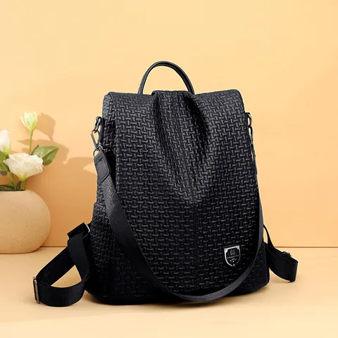 Zaino da Donna alla Moda in Pelle PU con Trama Intrecciata Grande Capacità Antifurto Borsa da Scuola Casual da Viaggio Nero