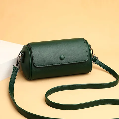 Damen PU Leder Zylindertasche Schulter Umhängetasche Mit Rundem Knopf Klappdeckel Litschi Muster Minimalistische Retro Handtasche