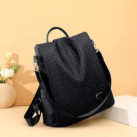 Zaino da Donna alla Moda in Pelle PU con Trama Intrecciata Grande Capacità Antifurto Borsa da Scuola Casual da Viaggio Nero