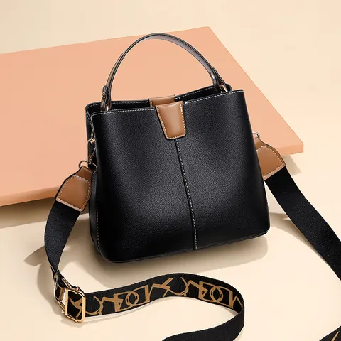 Women Litchi Grain PU Leather Bucket Bag Contrast Color Large Capacity Handbag Wide Patterned Strap Retro Crossbody Bag