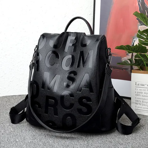 Grote Capaciteit Letterreliëf Zwart PU Leer Rugzak Voor Vrouwen Vintage Mode Reistas Schooltas Met Verstelbare Banden