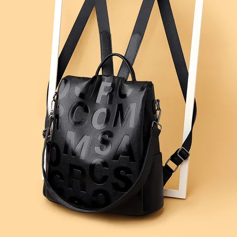Grote Capaciteit Letterreliëf Zwart PU Leer Rugzak Voor Vrouwen Vintage Mode Reistas Schooltas Met Verstelbare Banden