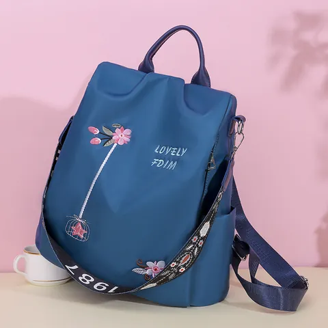 Mochila de Moda para Mujer en Tela Oxford con Bordado Floral Antirrobo Gran Capacidad Bolsa de Viaje con Correa de Hombro Estampada