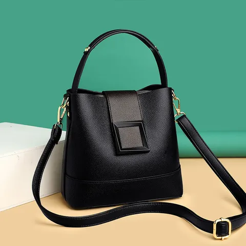 Women Litchi Grain PU Leather Bucket Bag Contrast Color Square Buckle Handbag Adjustable Shoulder Strap Crossbody Bag