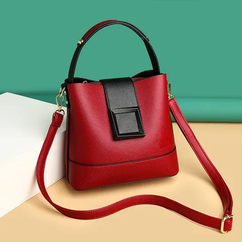 Women Litchi Grain PU Leather Bucket Bag Contrast Color Square Buckle Handbag Adjustable Shoulder Strap Crossbody Bag