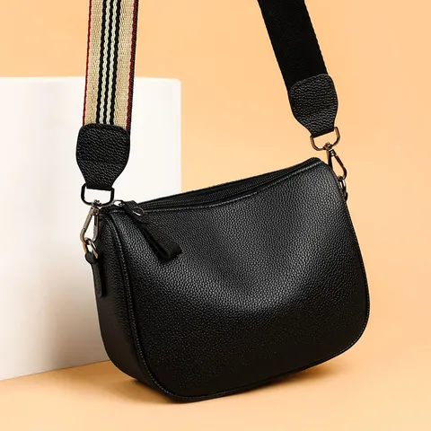 Women's Vintage PU Leather Saddle Crossbody Bag with Wide Striped Shoulder Strap Small Half Moon Textured Daily Bag