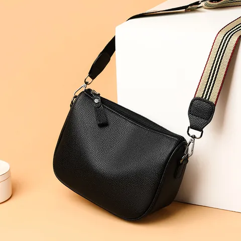 Women's Vintage PU Leather Saddle Crossbody Bag with Wide Striped Shoulder Strap Small Half Moon Textured Daily Bag