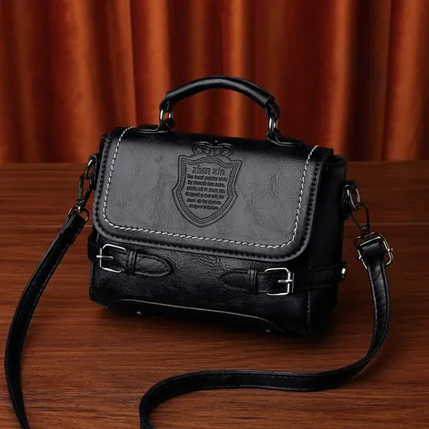 Vintage PU Leather Messenger Bag For Women Retro Satchel Crossbody Handbag With Shield Embossed Logo Adjustable Strap