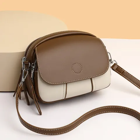 Vintage PU Leather Color Block Crossbody Bag For Women Chic Mini Round Shoulder Bag With Tassel Decor Fashion Daily Satchel Bag
